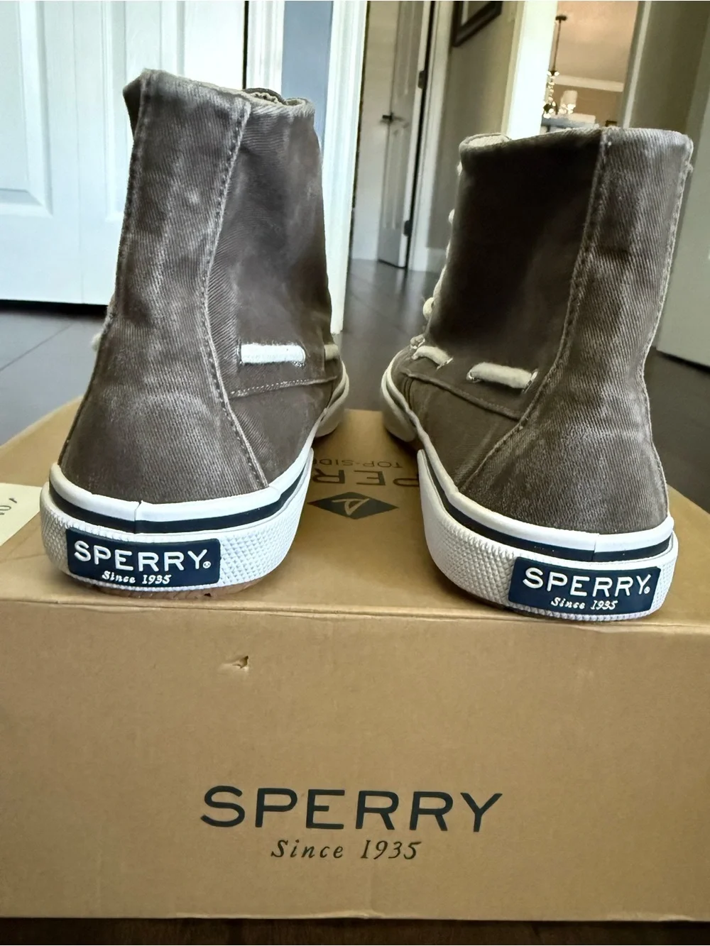 Sperry Men’s Taupe Canvas High-Top Boat Shoes with White Laces
